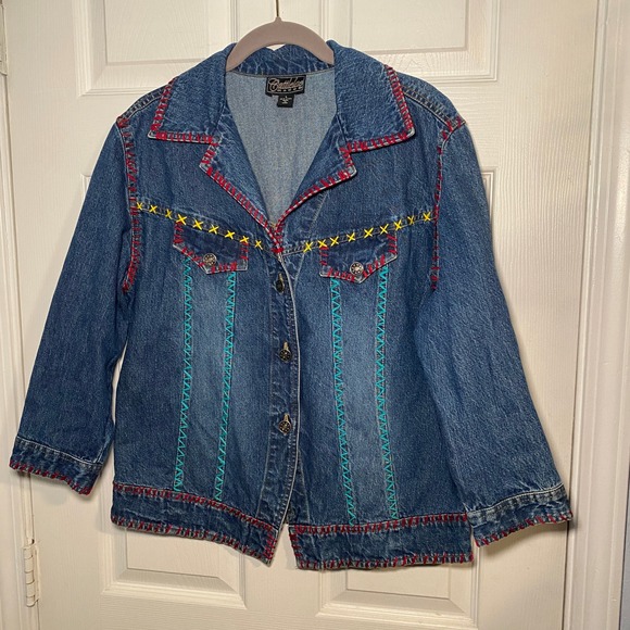 Cattlelac Ranch Denim Jacket L Embroidered Celtic Cross Whipstitch Western Boho - Picture 4 of 10